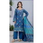 Premium Indigo Blue Embroidered Lawn 3 Pc Suit - Unstitched Cut Dana Festive Summer Dress with Turquoise Chevron Pattern Voile Dupatta