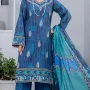 Premium Indigo Blue Embroidered Lawn 3 Pc Suit - Unstitched Cut Dana Festive Summer Dress with Turquoise Chevron Pattern Voile Dupatta
