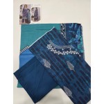 Premium Indigo Blue Embroidered Lawn 3 Pc Suit - Unstitched Cut Dana Festive Summer Dress with Turquoise Chevron Pattern Voile Dupatta