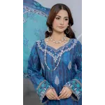 Premium Indigo Blue Embroidered Lawn 3 Pc Suit - Unstitched Cut Dana Festive Summer Dress with Turquoise Chevron Pattern Voile Dupatta
