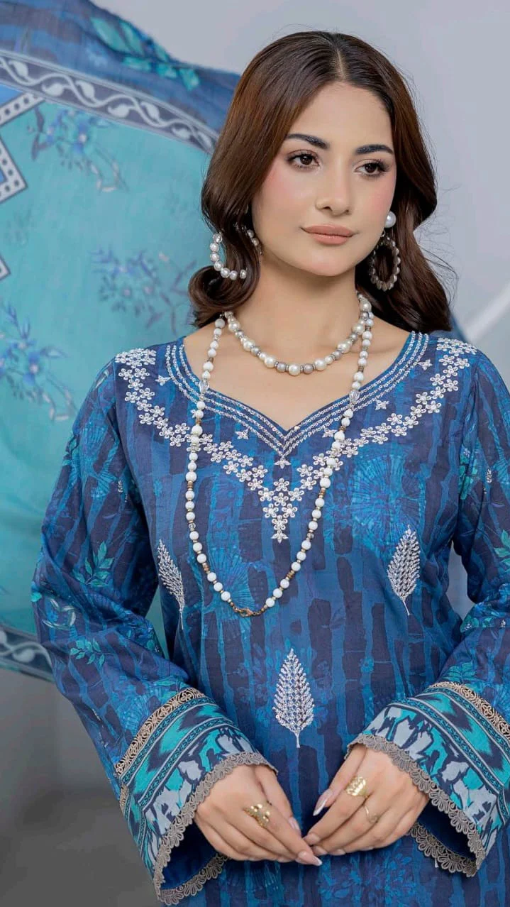 Premium Indigo Blue Embroidered Lawn 3 Pc Suit - Unstitched Cut Dana Festive Summer Dress with Turquoise Chevron Pattern Voile Dupatta