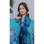 Premium Indigo Blue Embroidered Lawn 3 Pc Suit - Unstitched Cut Dana Festive Summer Dress with Turquoise Chevron Pattern Voile Dupatta