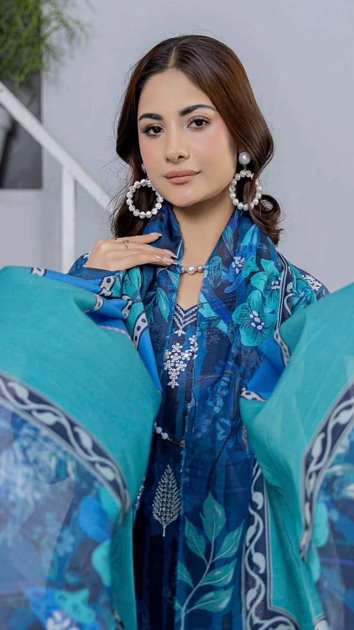 Premium Indigo Blue Embroidered Lawn 3 Pc Suit - Unstitched Cut Dana Festive Summer Dress with Turquoise Chevron Pattern Voile Dupatta