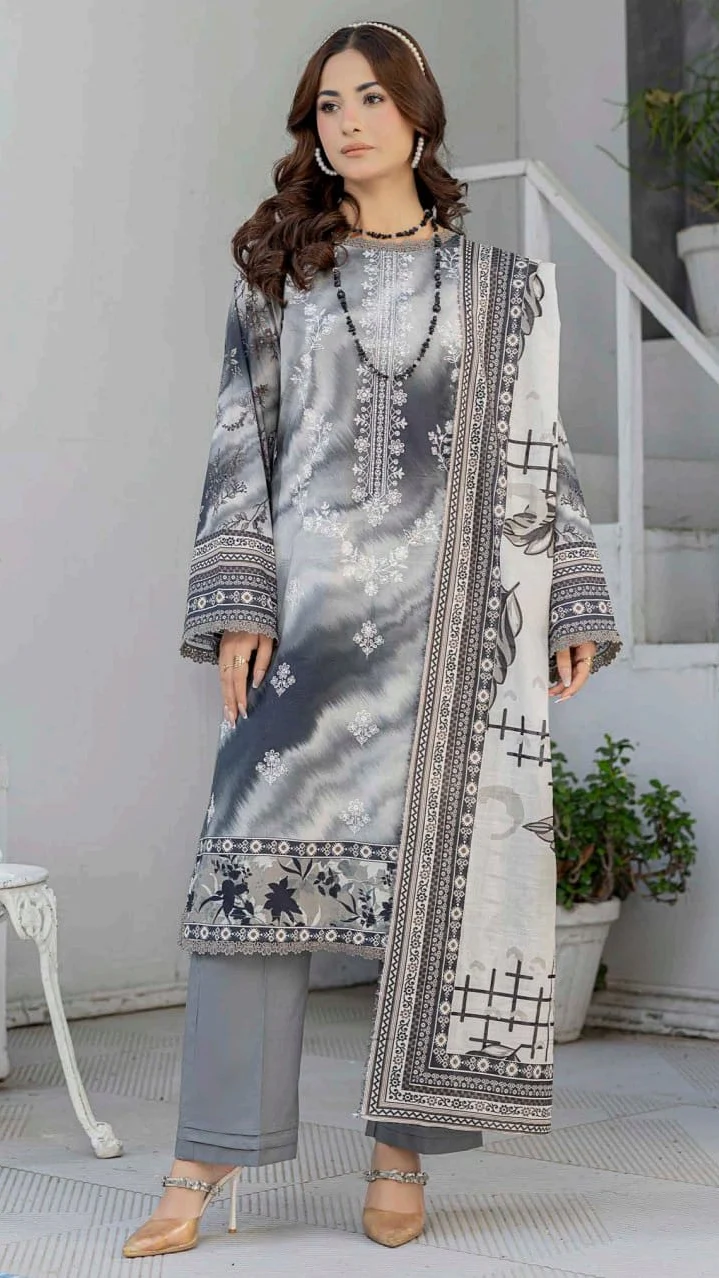 Premium Charcoal Grey Tie Dye Unstitched Lawn 3 Pc Suit - Luxury Cut Dana Embroidered Neckline Dress with Windowpane Check Print Dupatta