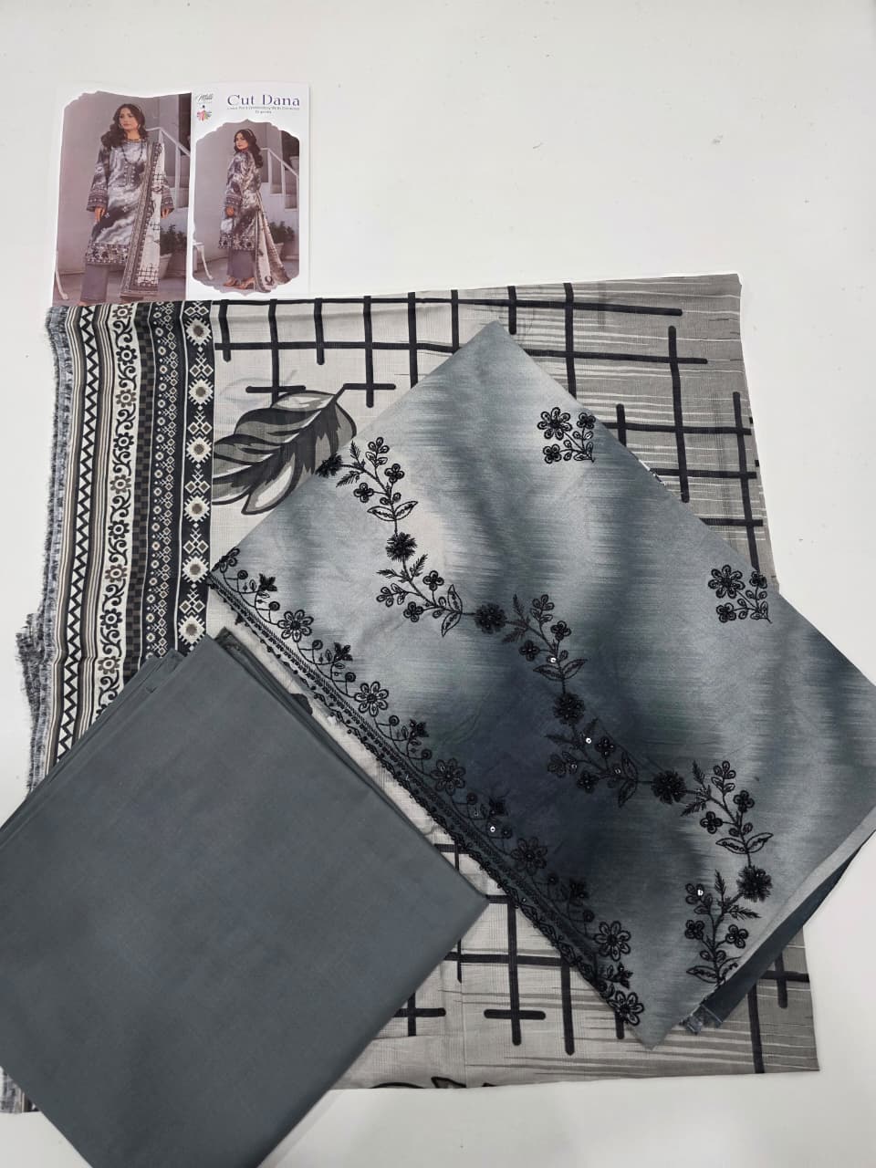 Premium Charcoal Grey Tie Dye Unstitched Lawn 3 Pc Suit - Luxury Cut Dana Embroidered Neckline Dress with Windowpane Check Print Dupatta