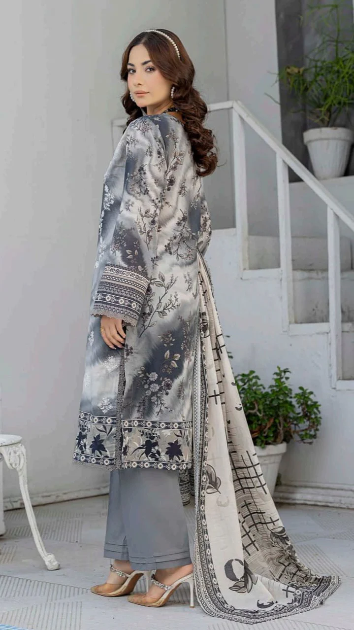 Premium Charcoal Grey Tie Dye Unstitched Lawn 3 Pc Suit - Luxury Cut Dana Embroidered Neckline Dress with Windowpane Check Print Dupatta