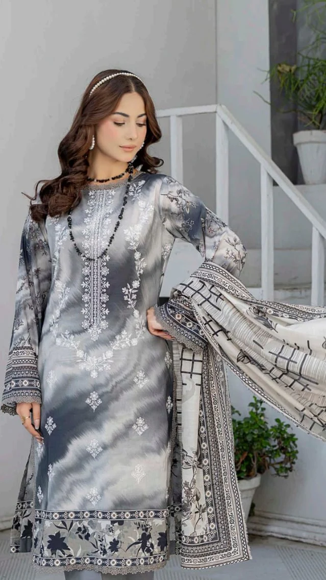 Premium Charcoal Grey Tie Dye Unstitched Lawn 3 Pc Suit - Luxury Cut Dana Embroidered Neckline Dress with Windowpane Check Print Dupatta