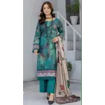 Premium Teal Green Embroidered Lawn 3 Pc Suit - Unstitched Cut Dana Luxury Summer Dress with Floral Printed Beige Cotton Net Dupatta