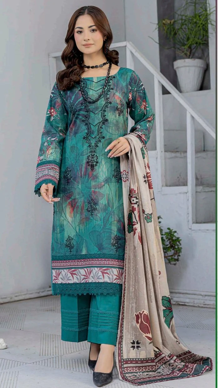 Premium Teal Green Embroidered Lawn 3 Pc Suit - Unstitched Cut Dana Luxury Summer Dress with Floral Printed Beige Cotton Net Dupatta