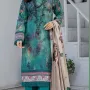 Premium Teal Green Embroidered Lawn 3 Pc Suit - Unstitched Cut Dana Luxury Summer Dress with Floral Printed Beige Cotton Net Dupatta