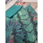 Premium Teal Green Embroidered Lawn 3 Pc Suit - Unstitched Cut Dana Luxury Summer Dress with Floral Printed Beige Cotton Net Dupatta