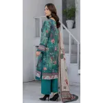 Premium Teal Green Embroidered Lawn 3 Pc Suit - Unstitched Cut Dana Luxury Summer Dress with Floral Printed Beige Cotton Net Dupatta