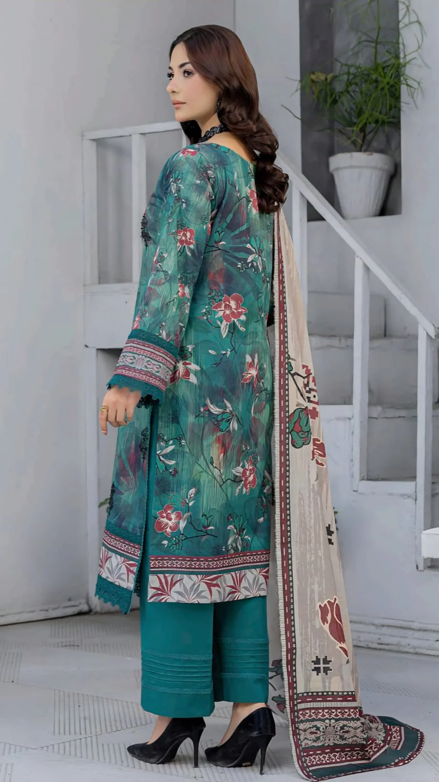 Premium Teal Green Embroidered Lawn 3 Pc Suit - Unstitched Cut Dana Luxury Summer Dress with Floral Printed Beige Cotton Net Dupatta