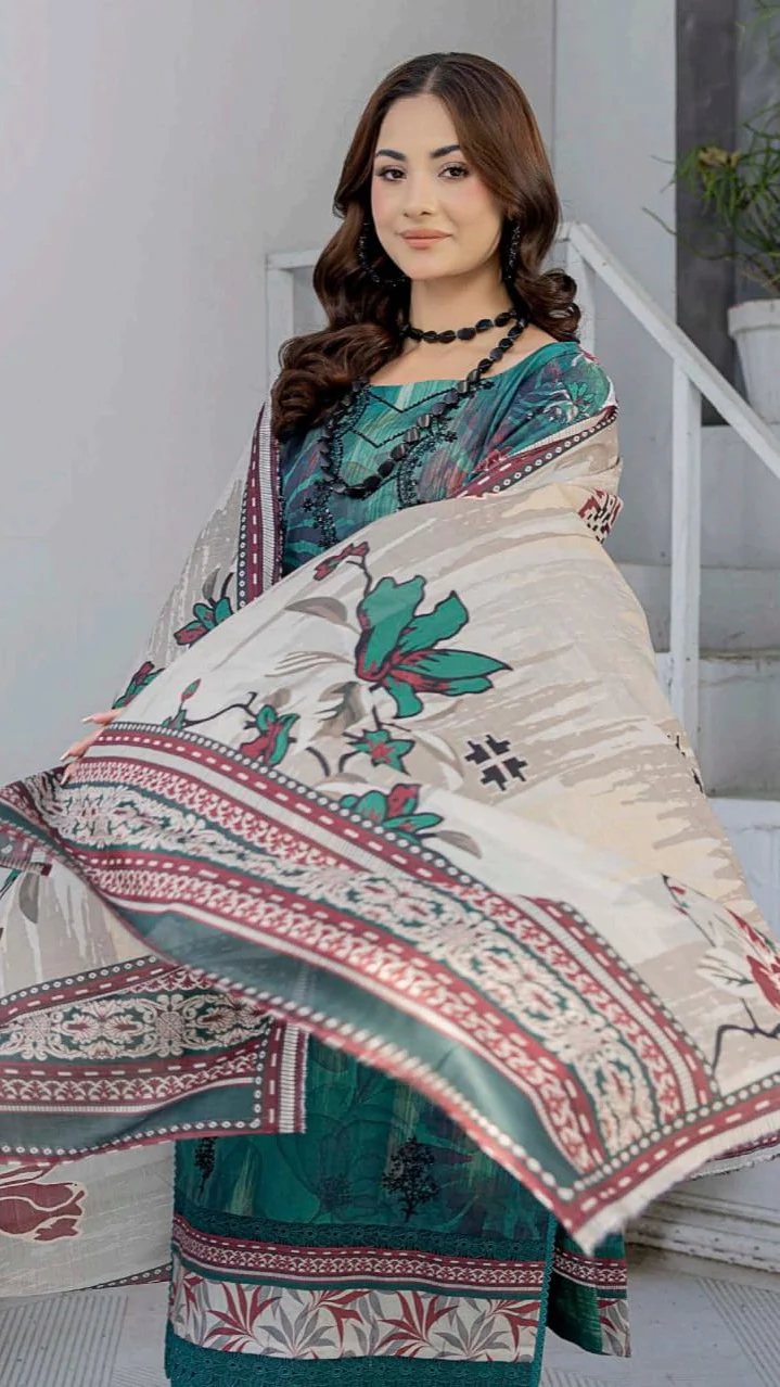 Premium Teal Green Embroidered Lawn 3 Pc Suit - Unstitched Cut Dana Luxury Summer Dress with Floral Printed Beige Cotton Net Dupatta