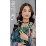 Premium Teal Green Embroidered Lawn 3 Pc Suit - Unstitched Cut Dana Luxury Summer Dress with Floral Printed Beige Cotton Net Dupatta