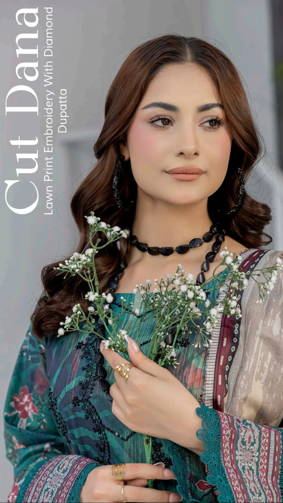 Premium Teal Green Embroidered Lawn 3 Pc Suit - Unstitched Cut Dana Luxury Summer Dress with Floral Printed Beige Cotton Net Dupatta
