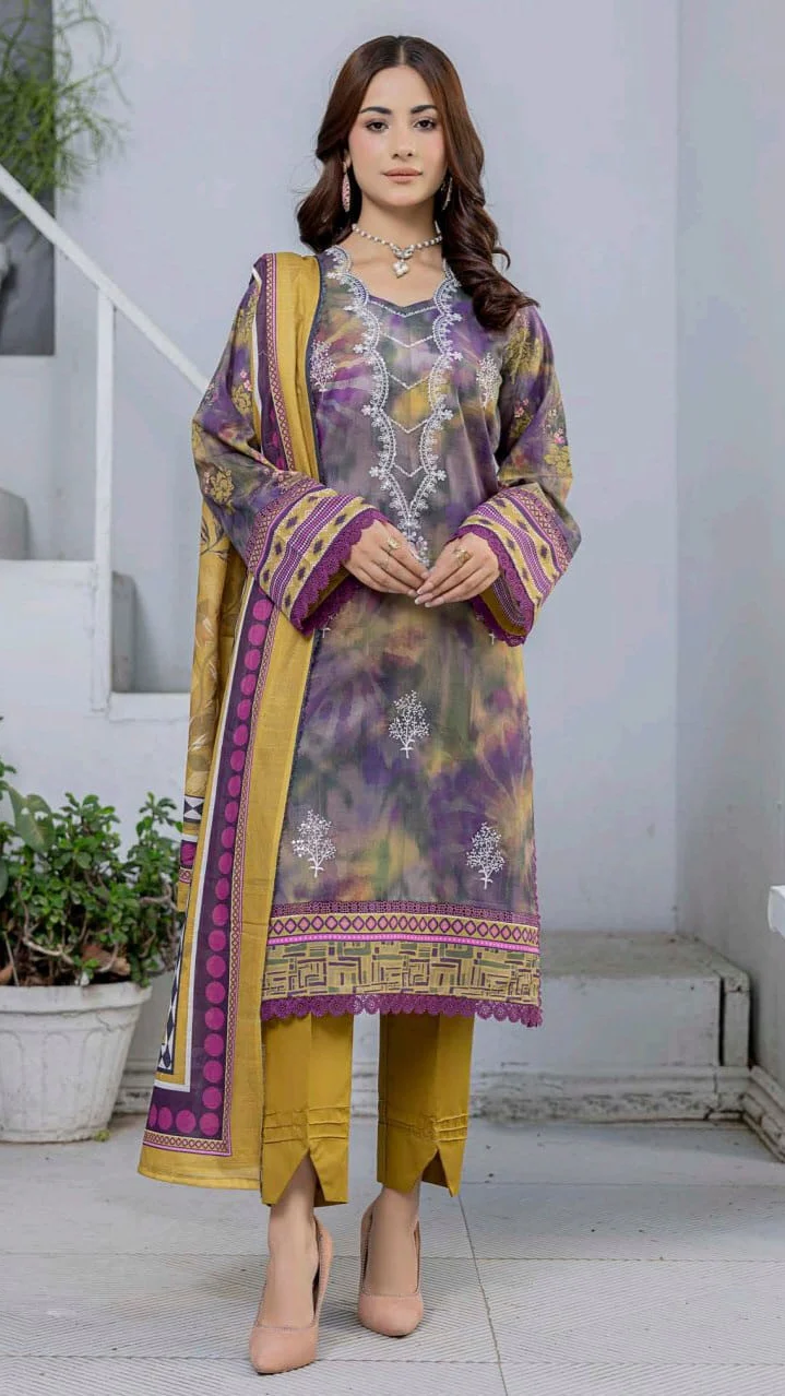 Premium Olive & Purple Tie Dye Unstitched Lawn 3 Pc Suit - Festive Cut Dana Embroidered Summer Dress with Mustard Geometric Pattern Dupatta