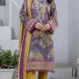 Premium Olive & Purple Tie Dye Unstitched Lawn 3 Pc Suit - Festive Cut Dana Embroidered Summer Dress with Mustard Geometric Pattern Dupatta