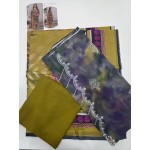 Premium Olive & Purple Tie Dye Unstitched Lawn 3 Pc Suit - Festive Cut Dana Embroidered Summer Dress with Mustard Geometric Pattern Dupatta
