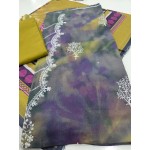 Premium Olive & Purple Tie Dye Unstitched Lawn 3 Pc Suit - Festive Cut Dana Embroidered Summer Dress with Mustard Geometric Pattern Dupatta