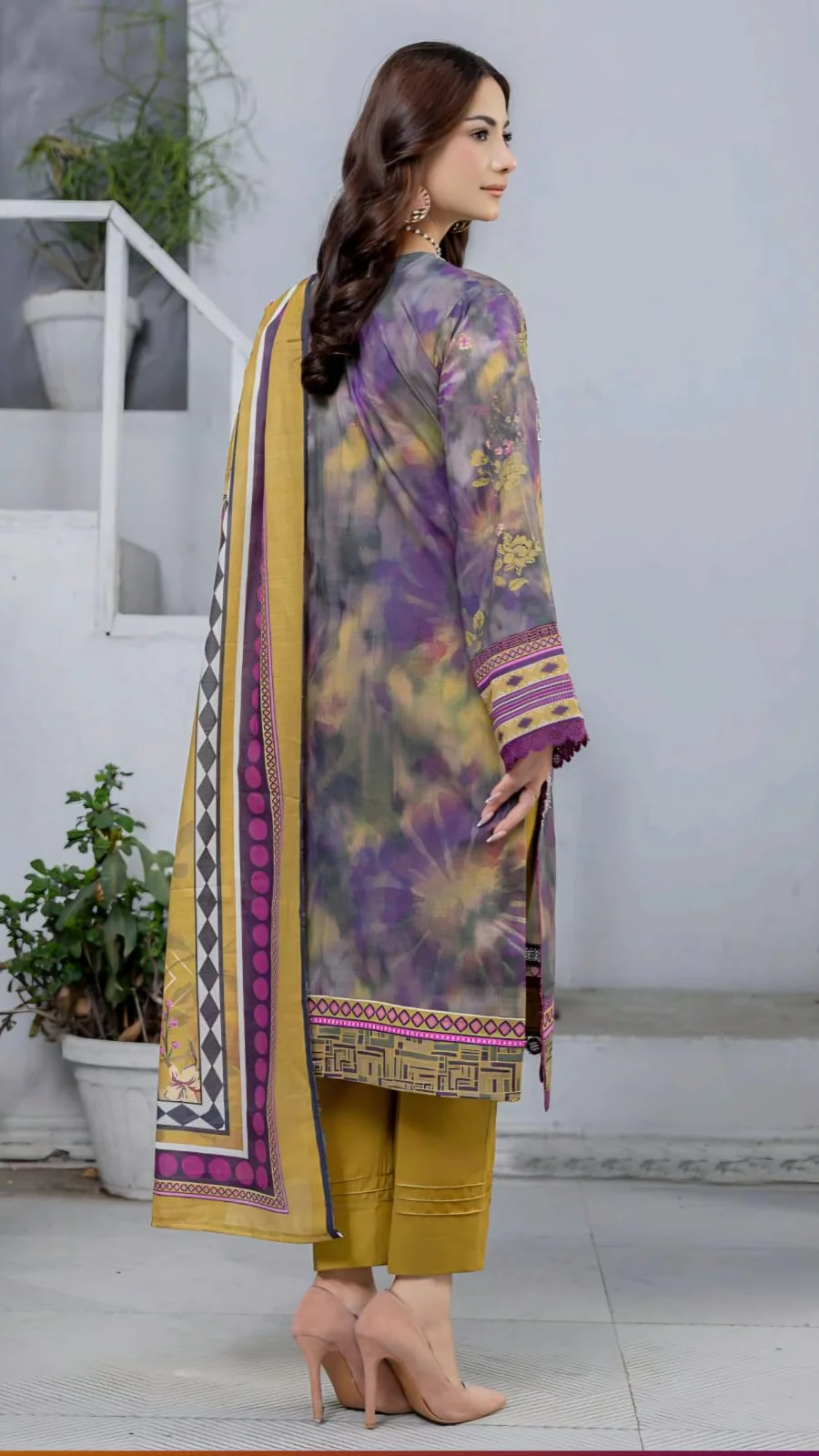 Premium Olive & Purple Tie Dye Unstitched Lawn 3 Pc Suit - Festive Cut Dana Embroidered Summer Dress with Mustard Geometric Pattern Dupatta
