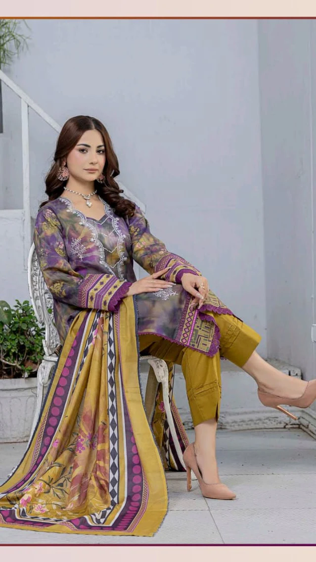 Premium Olive & Purple Tie Dye Unstitched Lawn 3 Pc Suit - Festive Cut Dana Embroidered Summer Dress with Mustard Geometric Pattern Dupatta