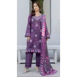 Luxury Plum Purple Tie Dye Unstitched Lawn 3 Pc Suit - Premium Cut Dana Embroidered Neckline Festive Dress with Geometric Print Voile Dupatta