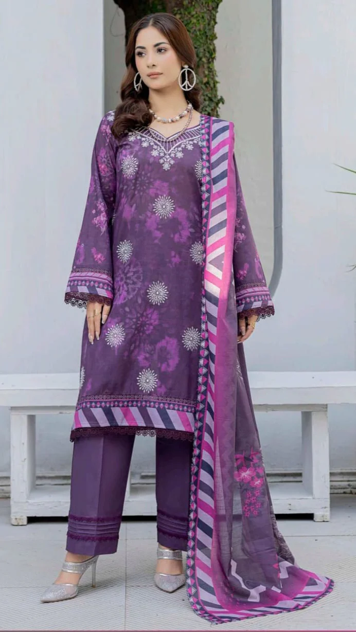 Luxury Plum Purple Tie Dye Unstitched Lawn 3 Pc Suit - Premium Cut Dana Embroidered Neckline Festive Dress with Geometric Print Voile Dupatta