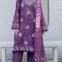 Luxury Plum Purple Tie Dye Unstitched Lawn 3 Pc Suit - Premium Cut Dana Embroidered Neckline Festive Dress with Geometric Print Voile Dupatta