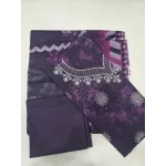 Luxury Plum Purple Tie Dye Unstitched Lawn 3 Pc Suit - Premium Cut Dana Embroidered Neckline Festive Dress with Geometric Print Voile Dupatta
