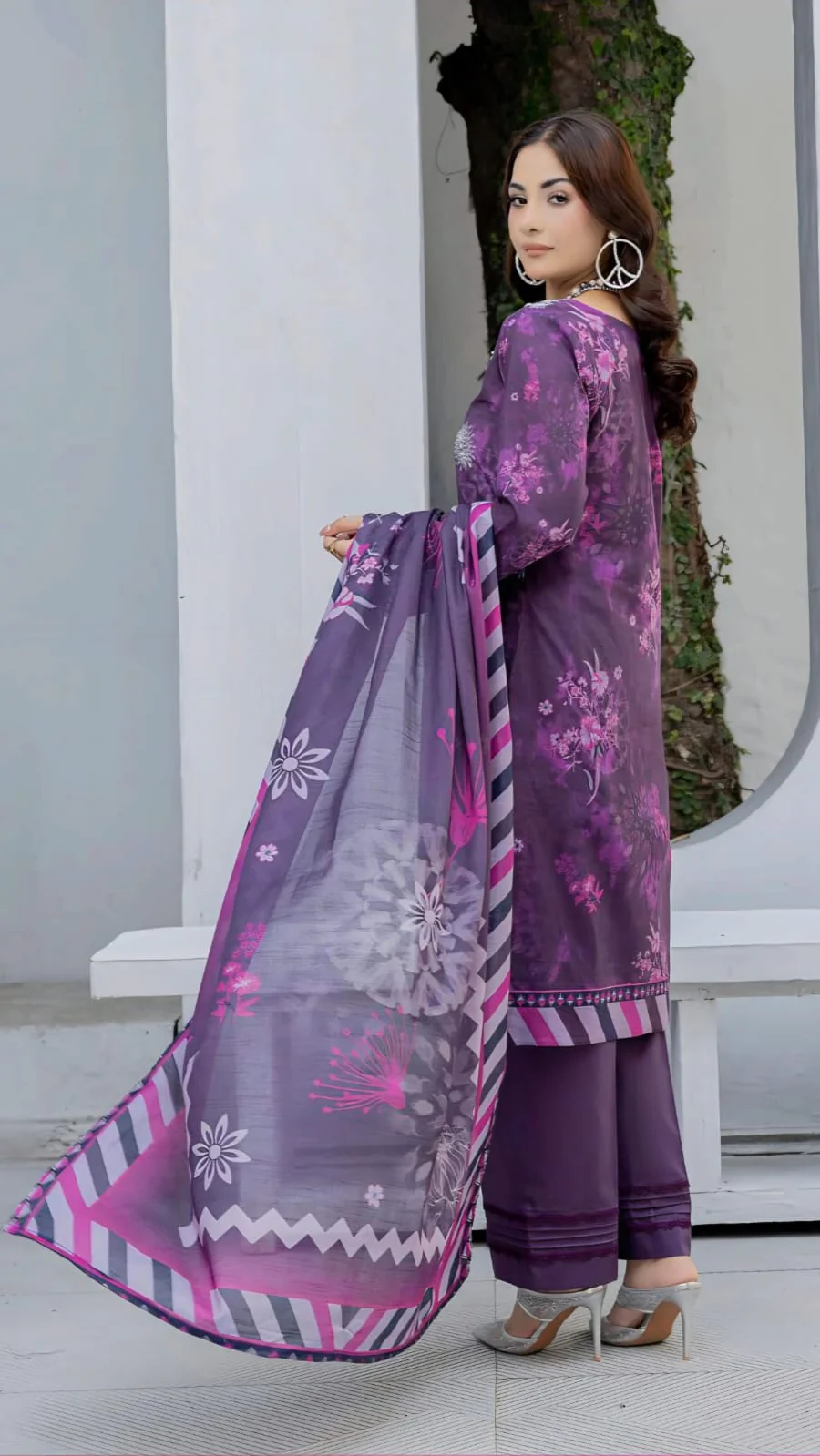 Luxury Plum Purple Tie Dye Unstitched Lawn 3 Pc Suit - Premium Cut Dana Embroidered Neckline Festive Dress with Geometric Print Voile Dupatta