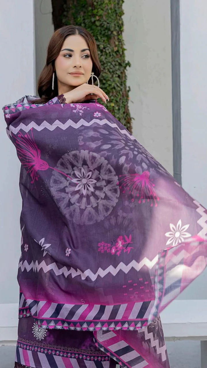 Luxury Plum Purple Tie Dye Unstitched Lawn 3 Pc Suit - Premium Cut Dana Embroidered Neckline Festive Dress with Geometric Print Voile Dupatta