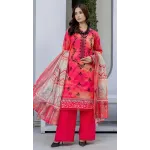Premium Coral Pink Embroidered Lawn 3 Pc Suit - Unstitched Cut Dana Luxury Neckline Dress with Floral Printed Beige Cotton Net Dupatta