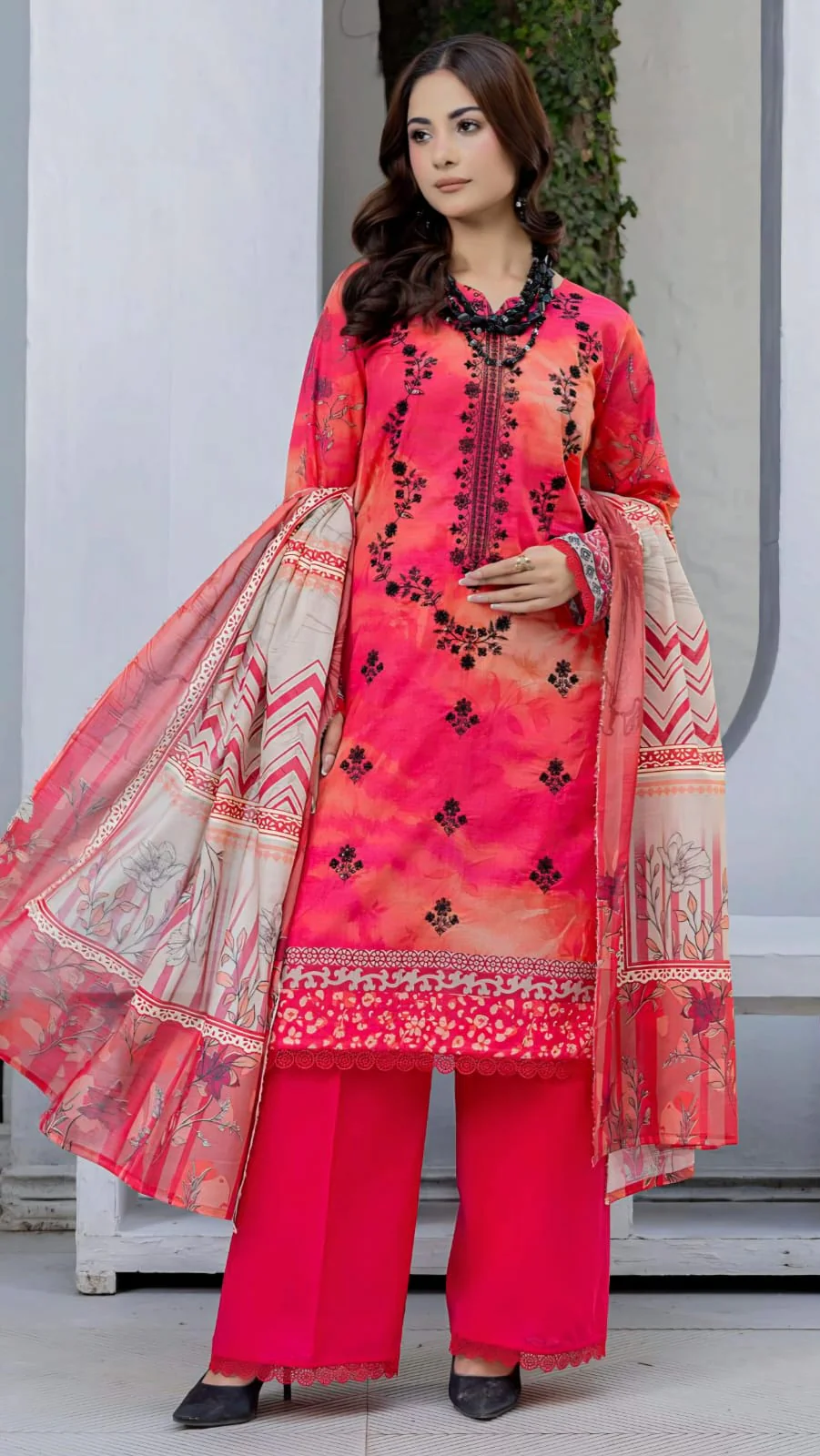 Premium Coral Pink Embroidered Lawn 3 Pc Suit - Unstitched Cut Dana Luxury Neckline Dress with Floral Printed Beige Cotton Net Dupatta