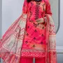 Premium Coral Pink Embroidered Lawn 3 Pc Suit - Unstitched Cut Dana Luxury Neckline Dress with Floral Printed Beige Cotton Net Dupatta