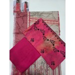Premium Coral Pink Embroidered Lawn 3 Pc Suit - Unstitched Cut Dana Luxury Neckline Dress with Floral Printed Beige Cotton Net Dupatta