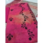 Premium Coral Pink Embroidered Lawn 3 Pc Suit - Unstitched Cut Dana Luxury Neckline Dress with Floral Printed Beige Cotton Net Dupatta