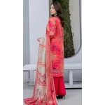 Premium Coral Pink Embroidered Lawn 3 Pc Suit - Unstitched Cut Dana Luxury Neckline Dress with Floral Printed Beige Cotton Net Dupatta