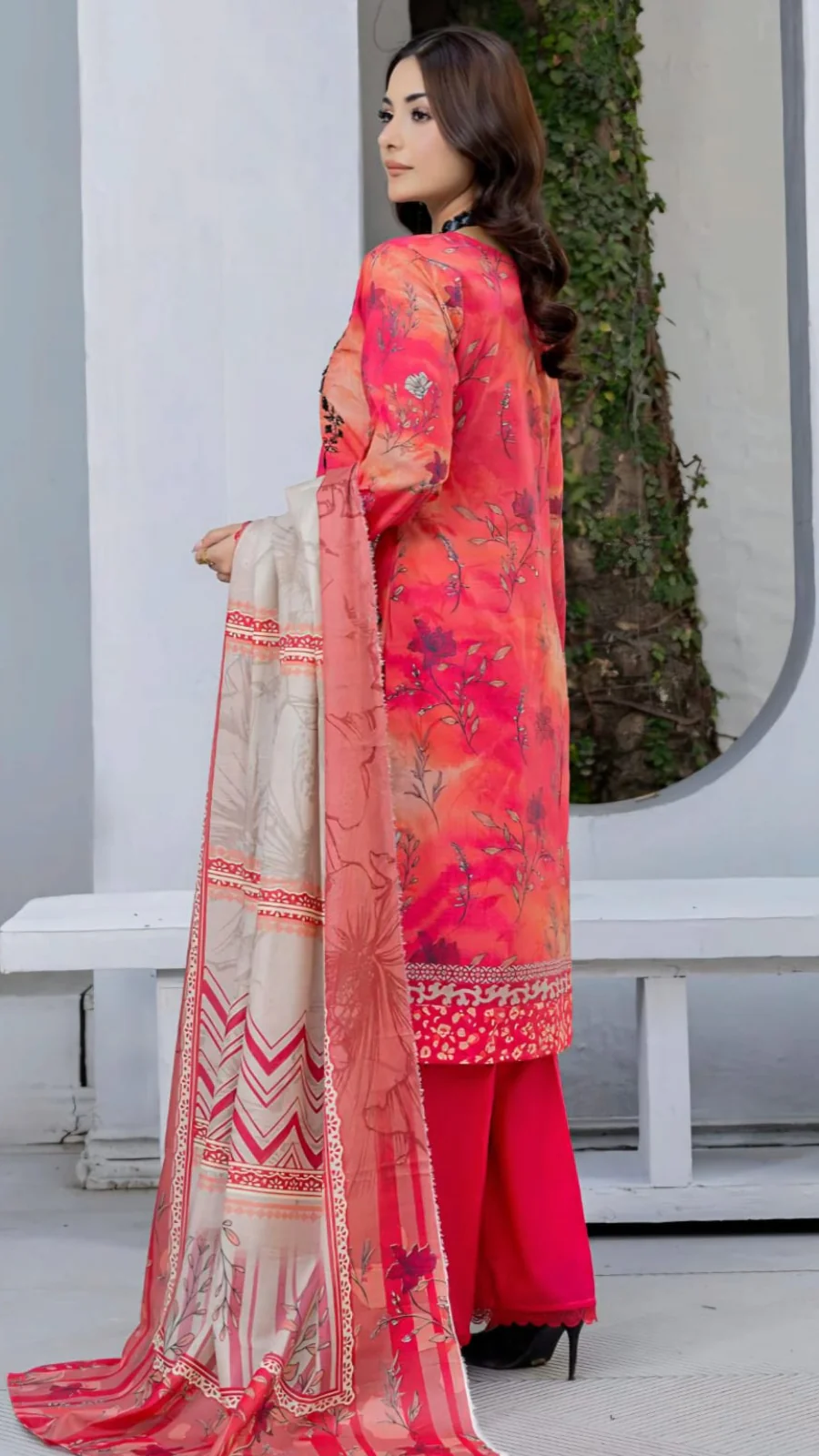 Premium Coral Pink Embroidered Lawn 3 Pc Suit - Unstitched Cut Dana Luxury Neckline Dress with Floral Printed Beige Cotton Net Dupatta