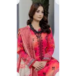 Premium Coral Pink Embroidered Lawn 3 Pc Suit - Unstitched Cut Dana Luxury Neckline Dress with Floral Printed Beige Cotton Net Dupatta