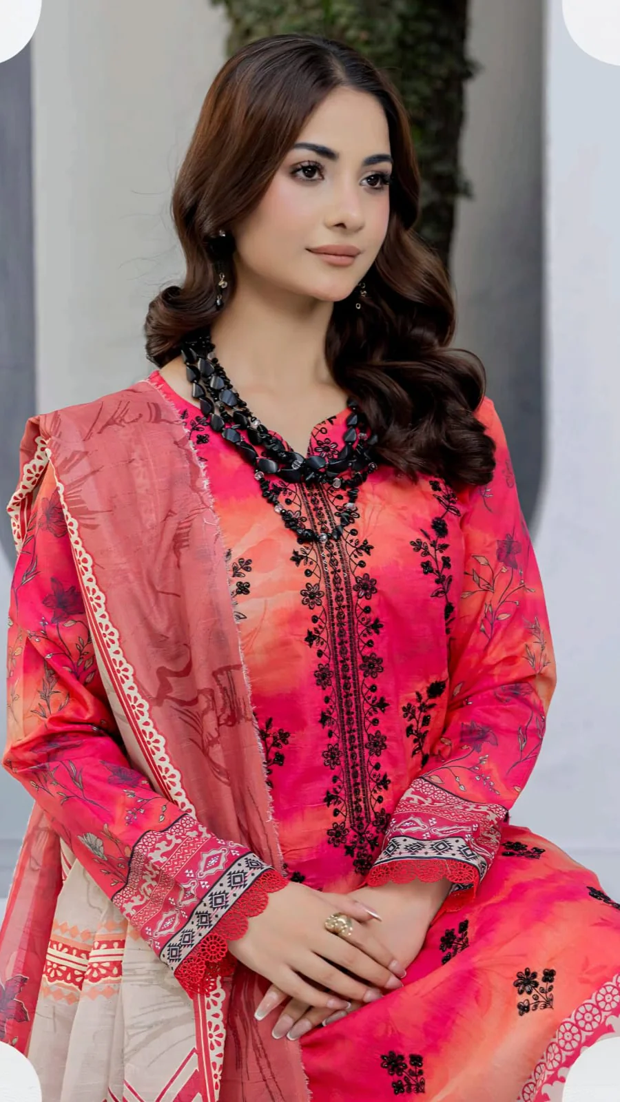Premium Coral Pink Embroidered Lawn 3 Pc Suit - Unstitched Cut Dana Luxury Neckline Dress with Floral Printed Beige Cotton Net Dupatta
