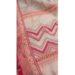 Premium Coral Pink Embroidered Lawn 3 Pc Suit - Unstitched Cut Dana Luxury Neckline Dress with Floral Printed Beige Cotton Net Dupatta