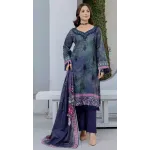 Premium Navy & Teal Indigo Unstitched Lawn 3 Pc Suit - Luxury Cut Dana Embroidered Neckline Dress with Floral Print Cotton Voile Dupatta