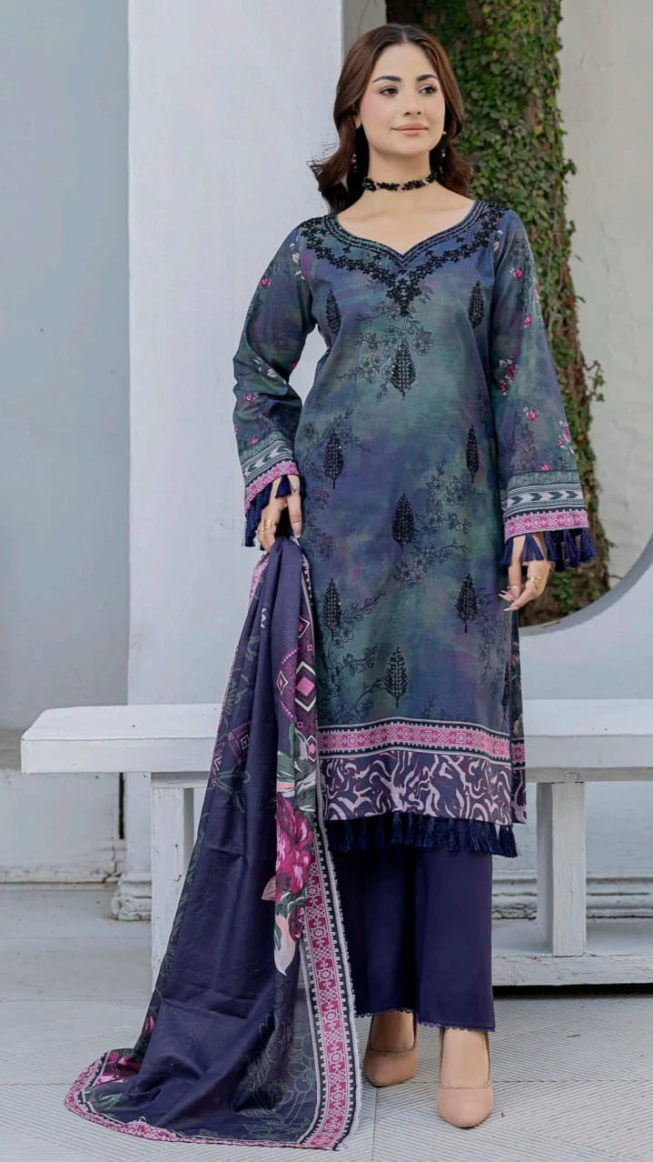 Premium Navy & Teal Indigo Unstitched Lawn 3 Pc Suit - Luxury Cut Dana Embroidered Neckline Dress with Floral Print Cotton Voile Dupatta