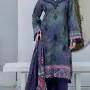 Premium Navy & Teal Indigo Unstitched Lawn 3 Pc Suit - Luxury Cut Dana Embroidered Neckline Dress with Floral Print Cotton Voile Dupatta