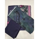 Premium Navy & Teal Indigo Unstitched Lawn 3 Pc Suit - Luxury Cut Dana Embroidered Neckline Dress with Floral Print Cotton Voile Dupatta