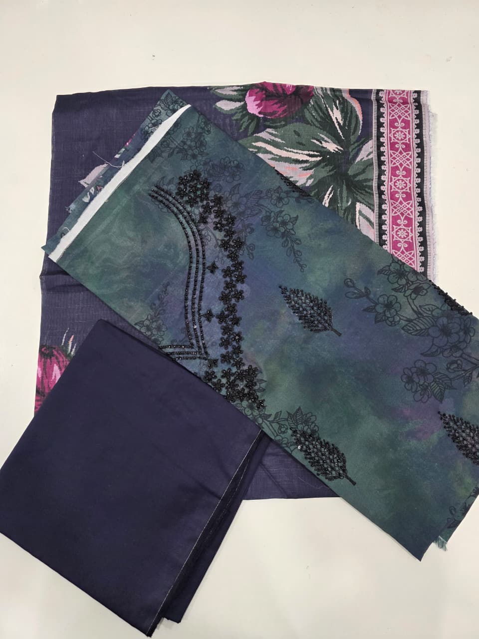 Premium Navy & Teal Indigo Unstitched Lawn 3 Pc Suit - Luxury Cut Dana Embroidered Neckline Dress with Floral Print Cotton Voile Dupatta