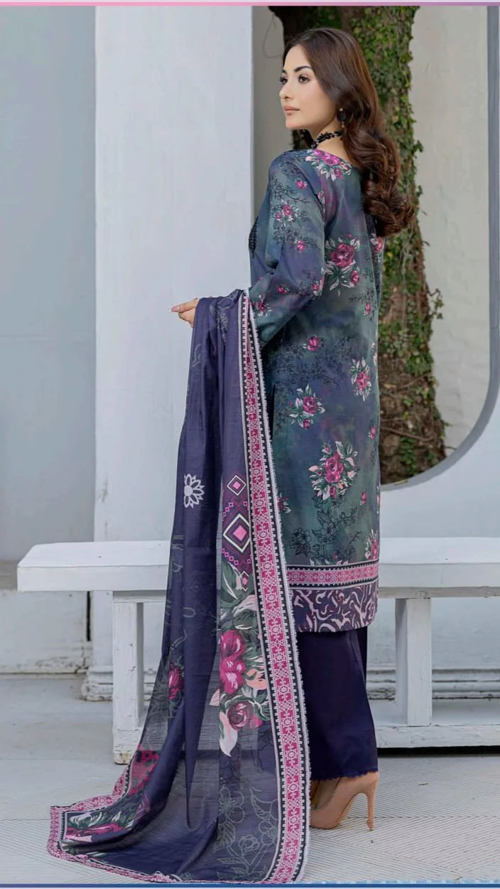 Premium Navy & Teal Indigo Unstitched Lawn 3 Pc Suit - Luxury Cut Dana Embroidered Neckline Dress with Floral Print Cotton Voile Dupatta