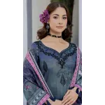 Premium Navy & Teal Indigo Unstitched Lawn 3 Pc Suit - Luxury Cut Dana Embroidered Neckline Dress with Floral Print Cotton Voile Dupatta
