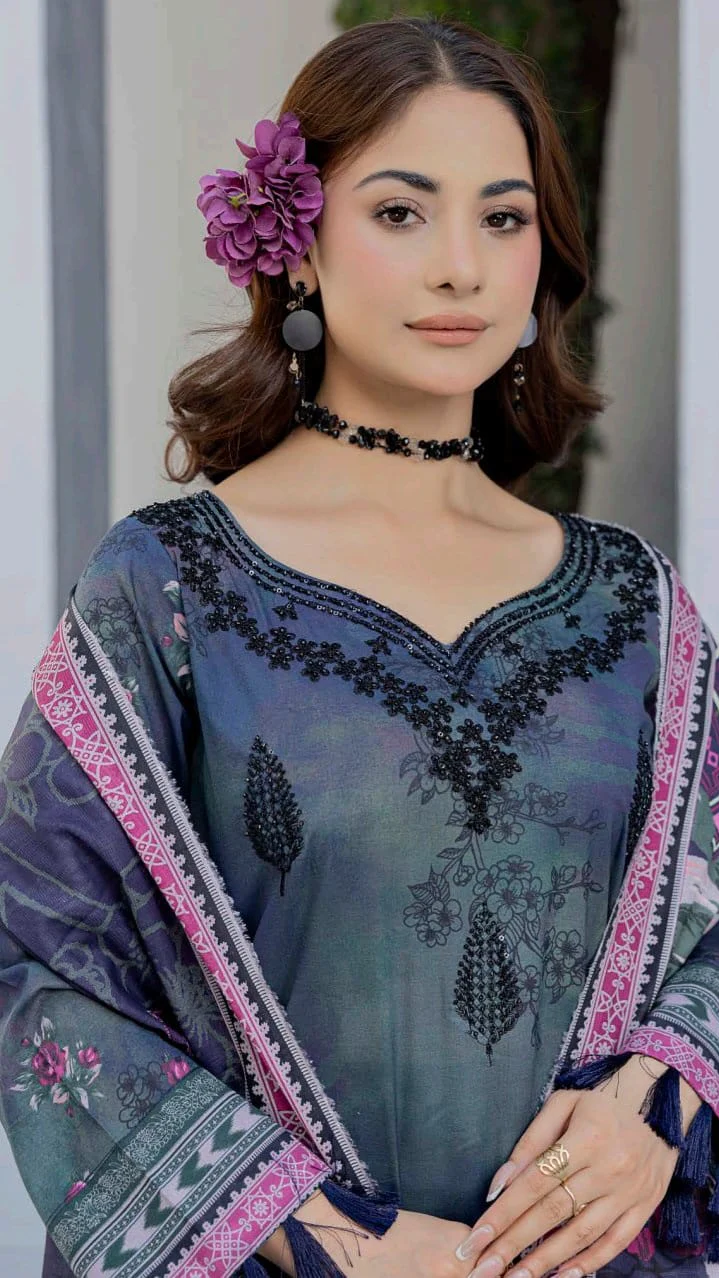Premium Navy & Teal Indigo Unstitched Lawn 3 Pc Suit - Luxury Cut Dana Embroidered Neckline Dress with Floral Print Cotton Voile Dupatta